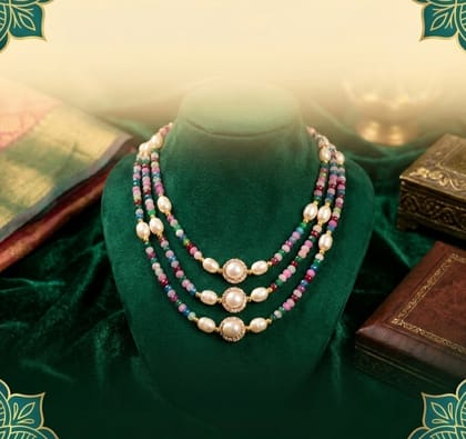 Original Pearl & Original Stone Combination 3 Layer Necklace