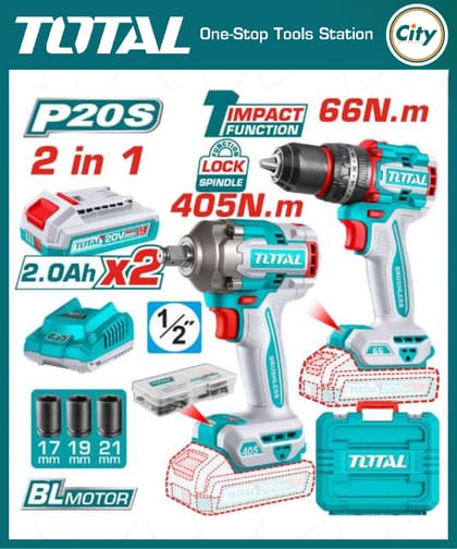 ২০ ভোল্ট ব্রাশলেস কর্ডলেস ইমপ্যাক্ট ড্রিল ও রেঞ্চ কম্বো কীট TOTAL TCKLI20286