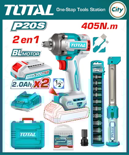 ২০ ভোল্ট লিথিয়াম আয়ন ব্রাশলেশ মটর ইমপ্যাক্ট রেঞ্চ কোম্বো কীট TOTAL TOSLI23056