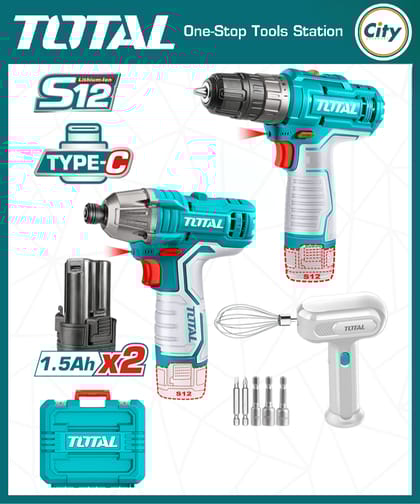৩ পিস কর্ডলেস ড্রিল ও ড্রাইভার কম্বো সেট TOTAL TOSLI240205