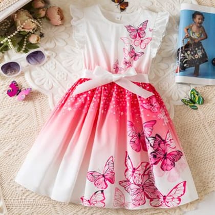 Imported🦋 Korean Style Butterfly Print Dress – Flying Sleeve Princess Dress