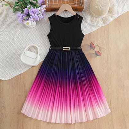 Imported 🌈 Girls' Gradient Summer Dress – Korean Style Pleated Vest
