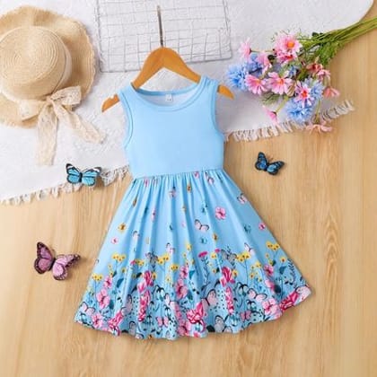 Imported  🌸 Girls' Summer Butterfly Bloom Dress – Sleeveless | Floral | Waist-Fit