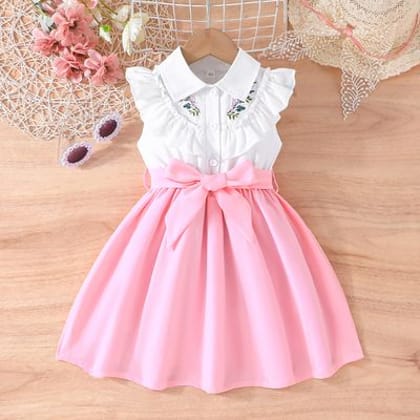 Imported 🌺 Elegant Embroidered Flower Dress for Girls – Multicolor Belt | Summer Style