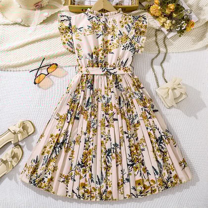 Imported 🌸 Girls’ French Retro Printed Pleated Dress – Summer Flying Sleeve Princess Dress