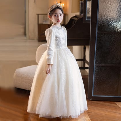 Imported ✨ Champagne Color Girls’ Runway Princess Dress – Tulle Performance Outfit