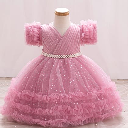 Imported ✨ Girls’ Ruffled Sleeve Beaded Sparkly Tutu Princess Dress – Flower Girl & Birthday Outfit