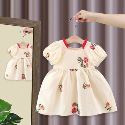 Imported 🌼 Girls’ Korean Style Beige Cotton Embroidered Dress – Summer Princess Outfit