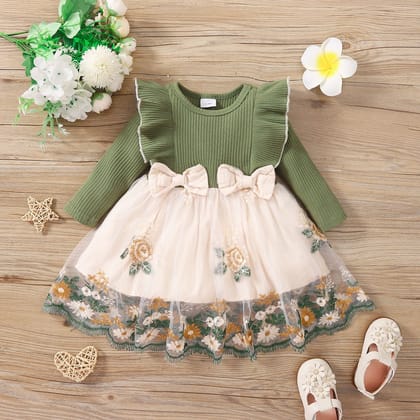 Imported🌸 INS Style Baby Girls’ Patchwork Floral Mesh Dress – Spring & Autumn Long Sleeve