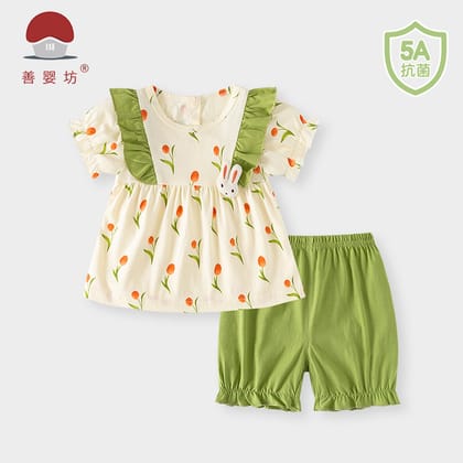 Imported 🌸 Shanyingfang Baby Girls’ Pure Cotton Two-Piece Set – Summer Short Sleeve Top & Pants