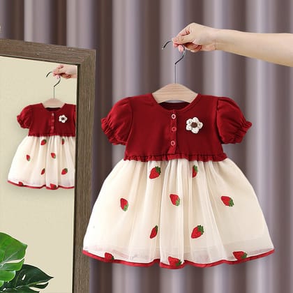 Imported🍓Baby Girls’ Strawberry Patchwork Tulle Princess Dress – Summer Short Sleeve