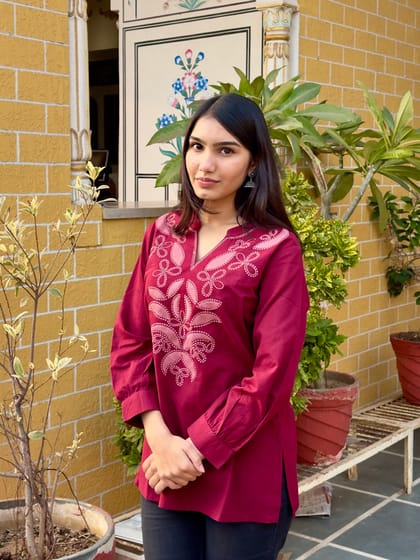 Maroon Cotton Kurti With Floral Embroidery