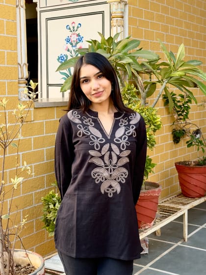 Black Cotton Kurti With Floral Embroidery