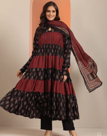 Maroon Floral Printed Anarkali kurta set
