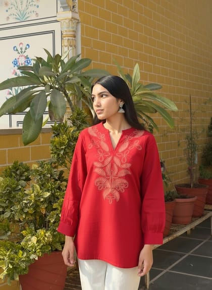 Red Cotton Kurti With Floral Embroidery