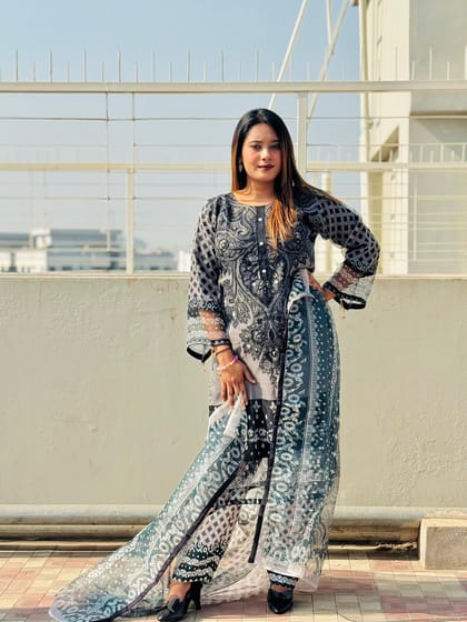 New Eid Collection Trendy Embroidery Work Digital Print Farsi Cut Organza 3 Piece Women Dress - Smoky Grey Elegance