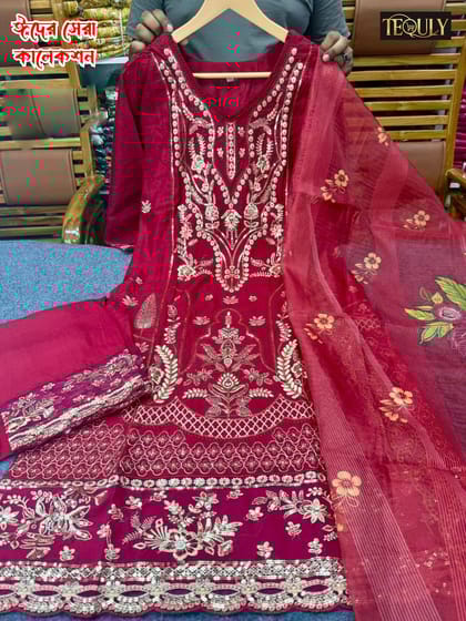 New Eid Sale Royal Cherry Red Luxury Embroidery Work 3 Piece Organza