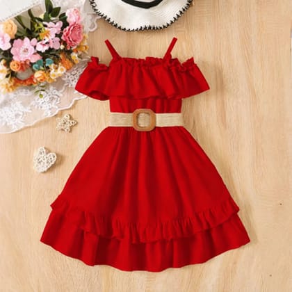 Kids Girls Red Ruffle Party Dress with Belt (3 to 8 years)