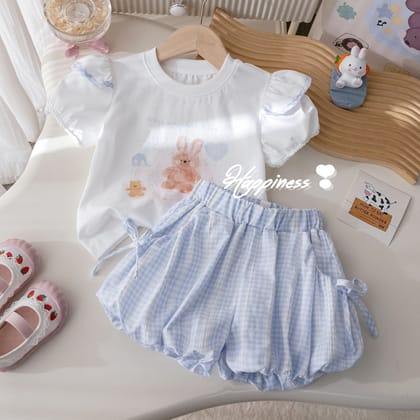 Baby Girl Bunny Print Top & Blue Check Shorts Set (1 to 6 years)