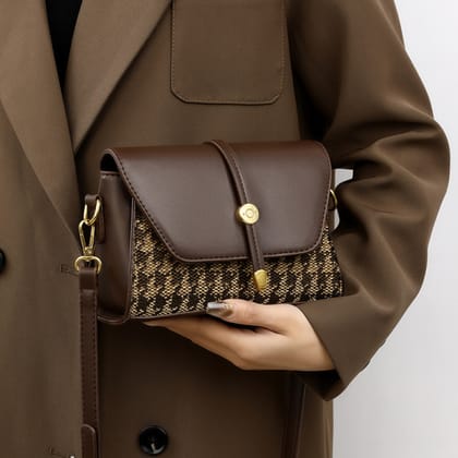 Vintage Brown Houndstooth Crossbody Bag for Women.