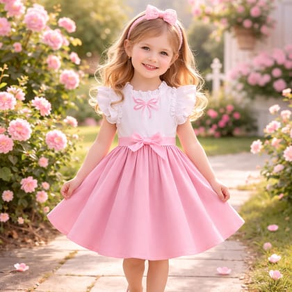 Kids Girls Pink & White Flutter Sleeve Blush Bow Twirl Party Dress (3 to 8 years)