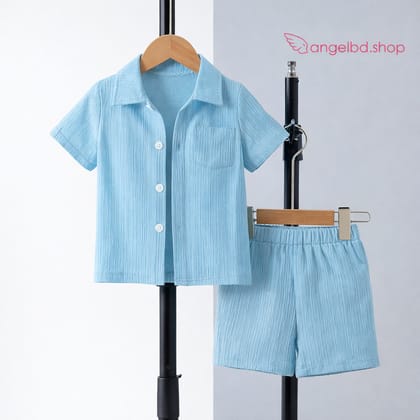 Boys Summer Cotton Blue Shirt & Shorts Set (3 to 8 Years) – Lightweight Textured Kids 2PCS Outfit