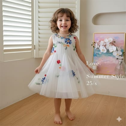 Kids Girls Floral Embroidered Summer Tulle Party Dress with Necklace (2 to 7 years)