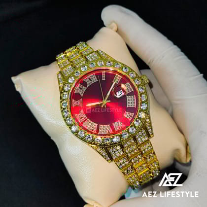 Full Iced Watch Golden Color Red Dial