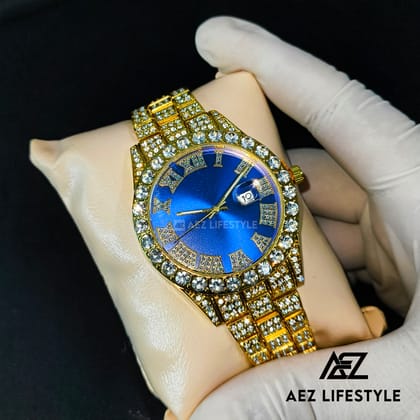 Full Iced Hip Hop Golden Watch Blue Dial