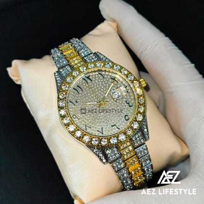 Full Iced Watch Arabic Dial Golden Silver