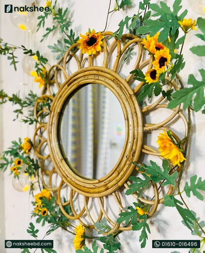 Rattan Frame Mirror + Sunflower