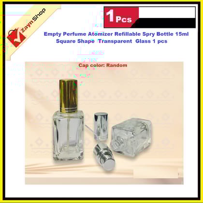 Empty Perfume Atomizer Refillable Spry Bottle 15ml Square Shape Transparent Glass 1 pcs Random color cap