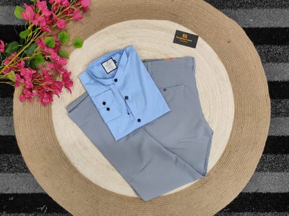 Band collar sky shirt with Ash formal Pant