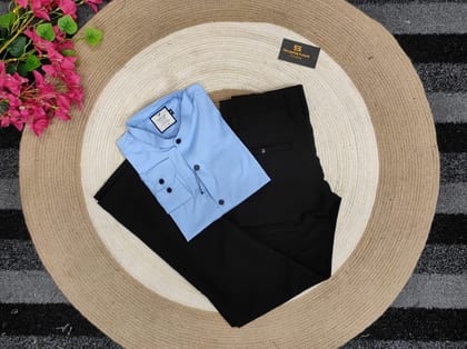 Band collar sky shirt with black formal pant combo