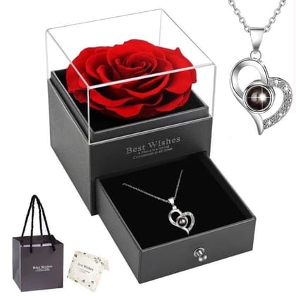 Projection Necklace Set With Rose Gift Box 100 Languages I Love You Heart Pendant Jewelry