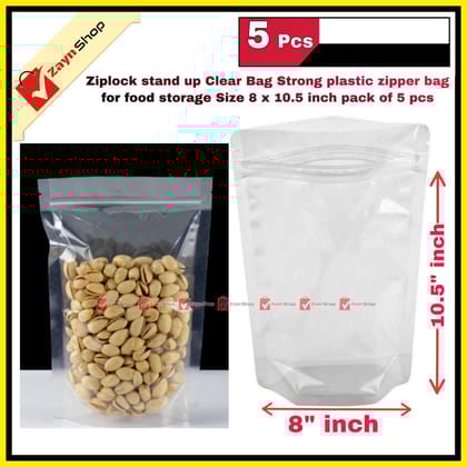 Ziplock stand up Clear Bag Strong plastic zipper bag for food storage Size 8 x 10.5 inch 5 pcs