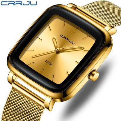 CRRJU 2199 Luxury Gold Men Quartz Watch Stylish Mesh Strap Water Proof Pointer Display Simple Business Wrist Watch