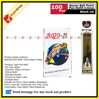 Bozon Ball Point Pen Refill 0.5Mm Black 100Pc - Fountain Pen