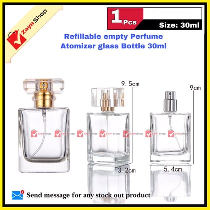 Empty Perfume Atomizer Refillable Spray 30ml Bottle 1pcs - Transparent Glass Square Shape - Very Comfortable and Fashionable