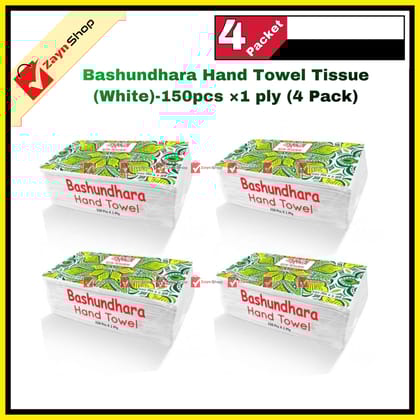 Bashundhara Hand Towel Tissue (White)-150pcs ×1 ply (4 Pack)