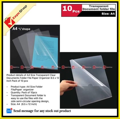 Documents Folder File Transparent Clear A4 Size Paper Organizer 8.5 x 12 Inch Pack of 10 pcs