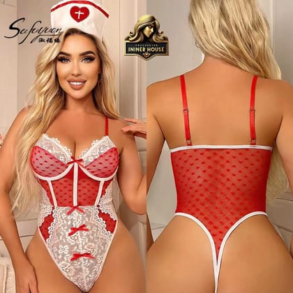 Sexy Red & White Lace Nurse Lingerie Bodysuit – Erotic Costume with Nurse Cap | Premium Women’s Sleepwear & Roleplay Outfit