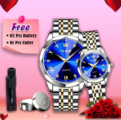 Olevs Satainless Steel fashionable Couple Watches Silver Royal Blue