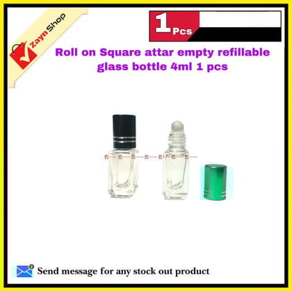 Roll on Squire Shape attar Empty refillable Glass premium Bottle 4ml Random color cap 1 pcs