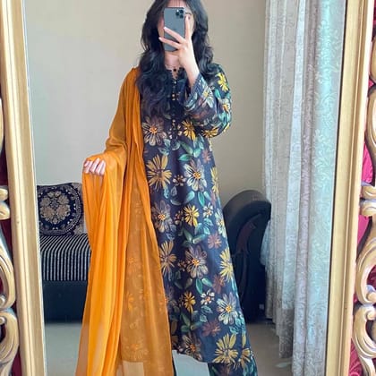 Black Flora Stitched Three Piece