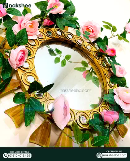 কাঠের আয়না ১৭" সাইজ + প্রিমিয়াম গোলাপ লতা Wooden Mirror 17/17'' size(wooden Color) + Premium Rose Vine