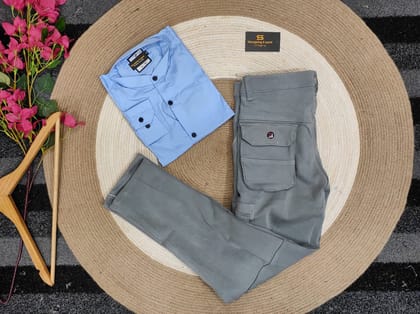 Band collar sky shirt with Ash cargo gabardine pant