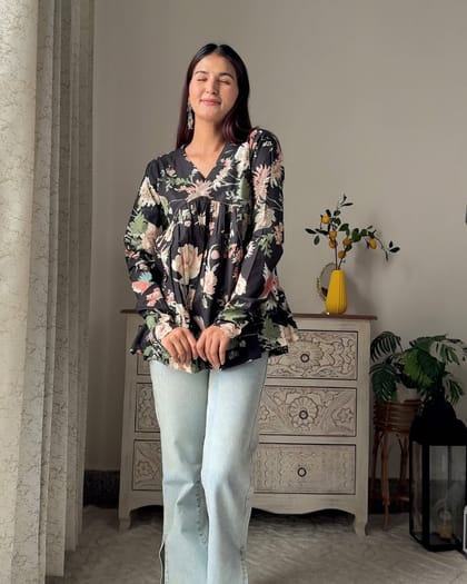 Black Floral Printed V Neck Full Sleeve Pure Cotton Top