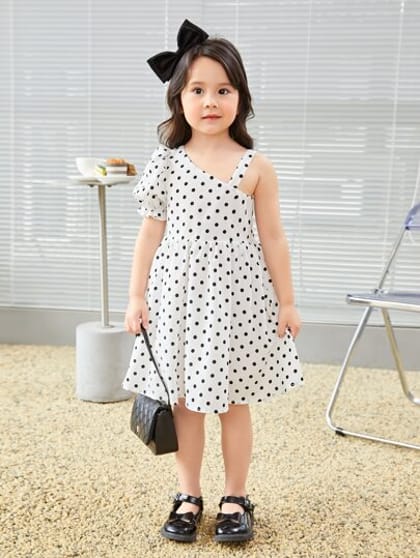 Girls Polka Dot Print Asymmetric Neck Dress