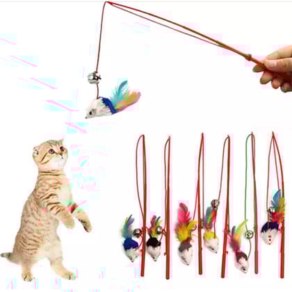 1pcs Cat Toy Mouse On A Stick Teaser Metal Bell Feather Play Pet Dangler Wand